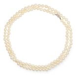 PEARL NECKLACE in white gold or platinum, the clasp set with three round cut diamonds, unmarked,