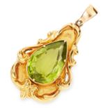 PERIDOT PENDANT in high carat yellow gold, set with a pear cut peridot, unmarked, 3.9cm.