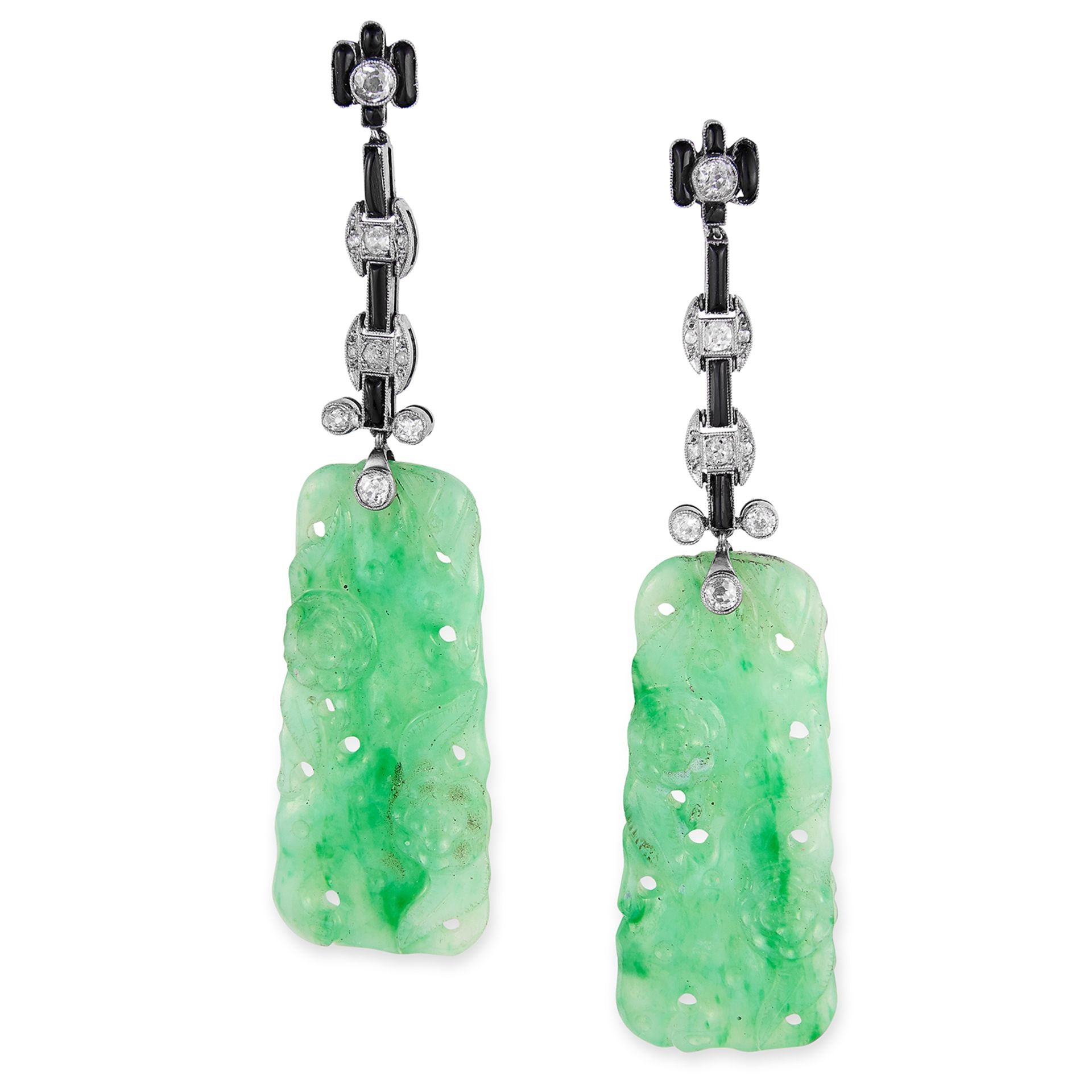 ANTIQUE ART DECO ONYX, DIAMOND AND JADEITE JADE EARRINGS in 18ct white gold or platinum, each set