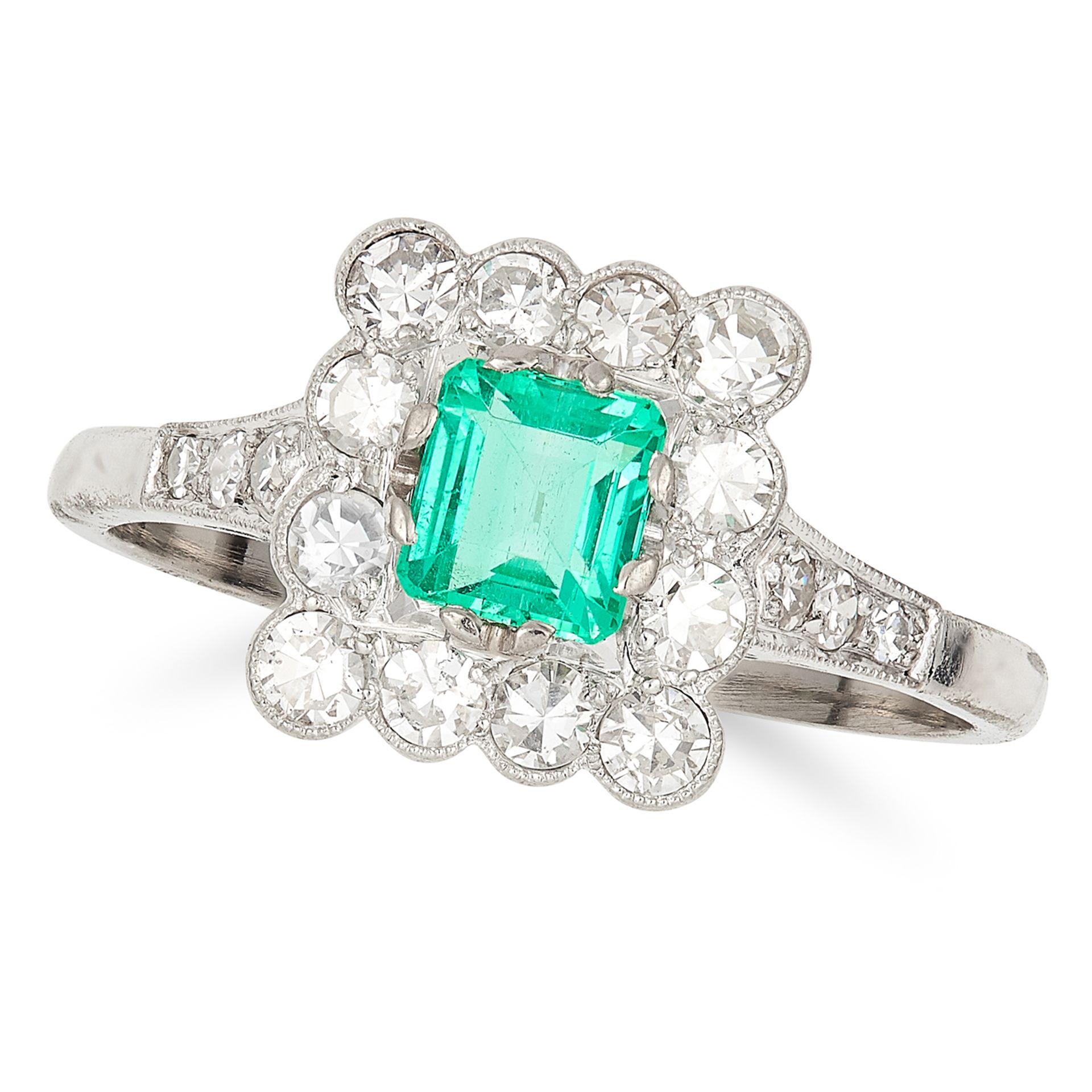 0.42 CARAT EMERALD AND DIAMOND CLUSTER RING in white gold or platinum, set with an emerald cut
