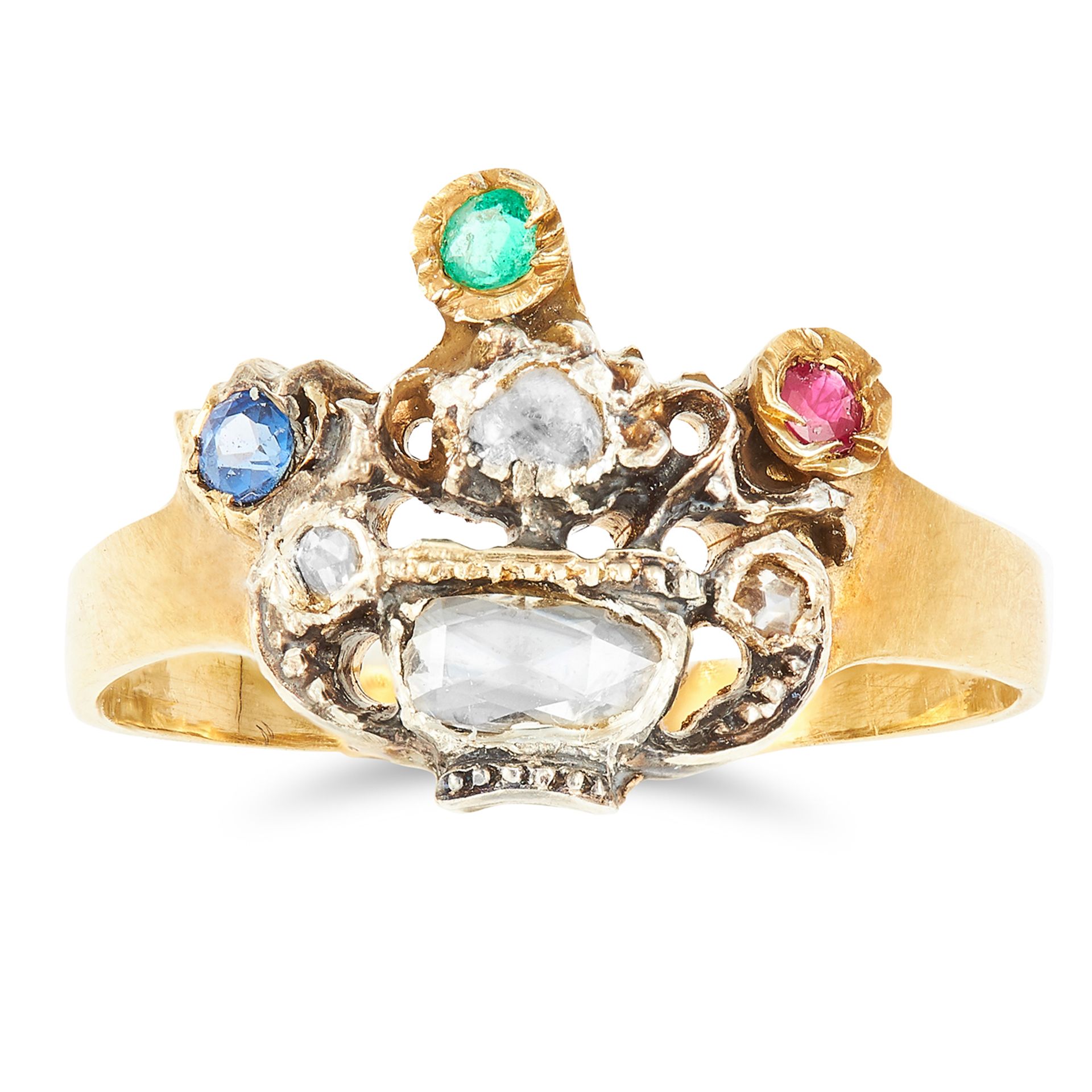ANTIQUE GEMSET RING in yellow gold, comprising of a round cut ruby, sapphire and emerald and two
