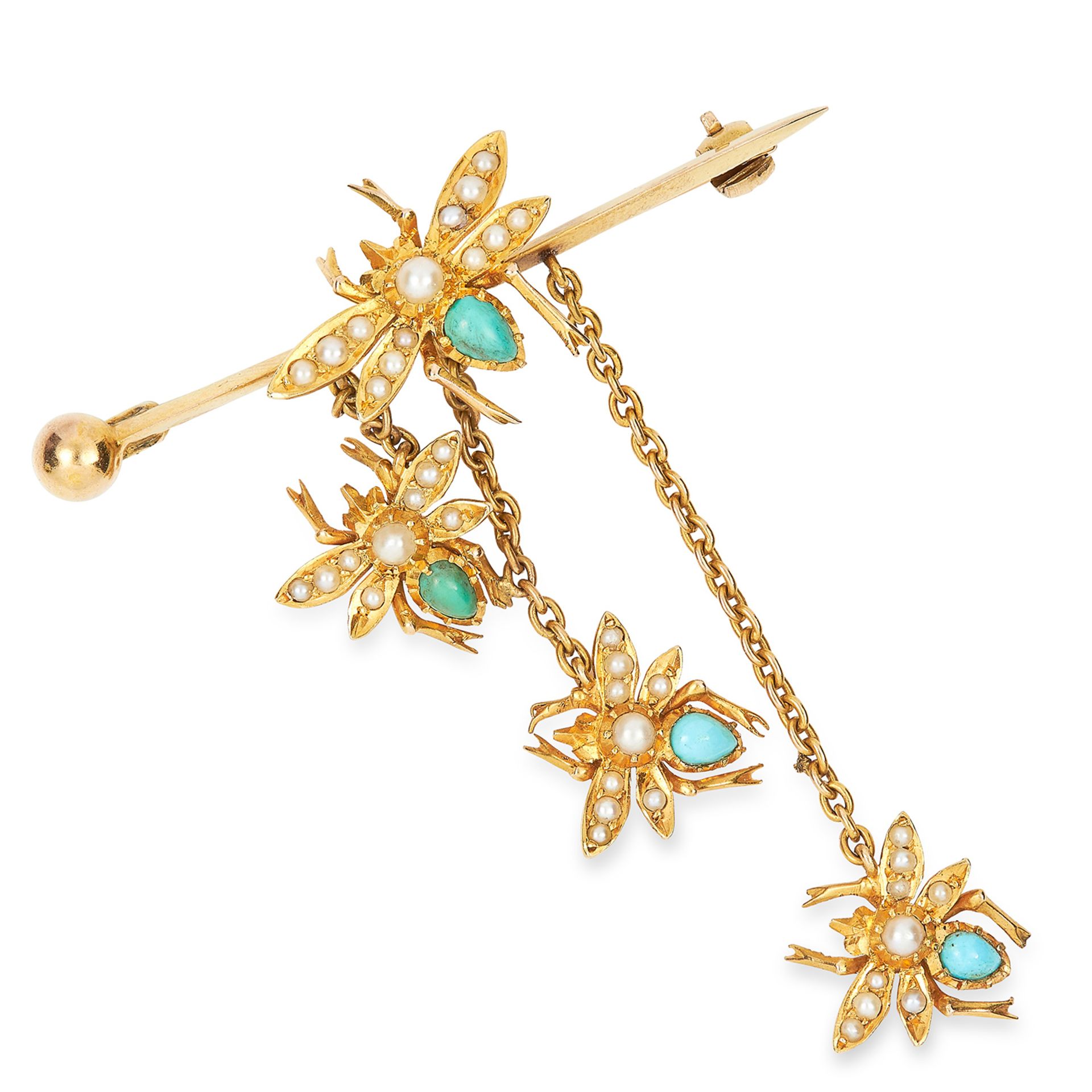 ANTIQUE TURQUOISE AND SEED PEARL BUG BROOCH in high carat yellow gold, comprising of four