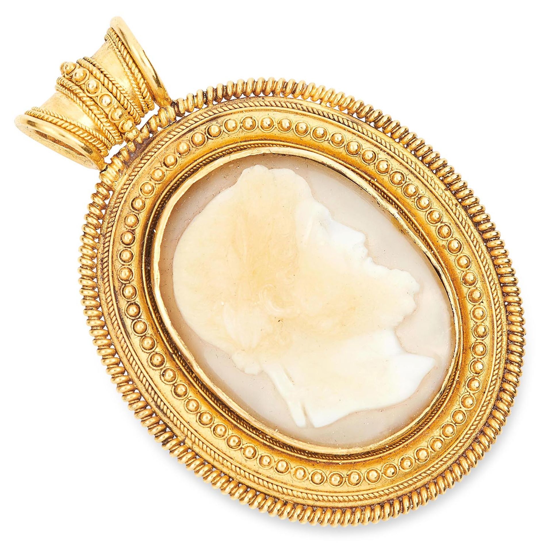 ANTIQUE CARVED CAMEO PENDANT in high carat yellow gold, in Etruscan revival form set with a carved