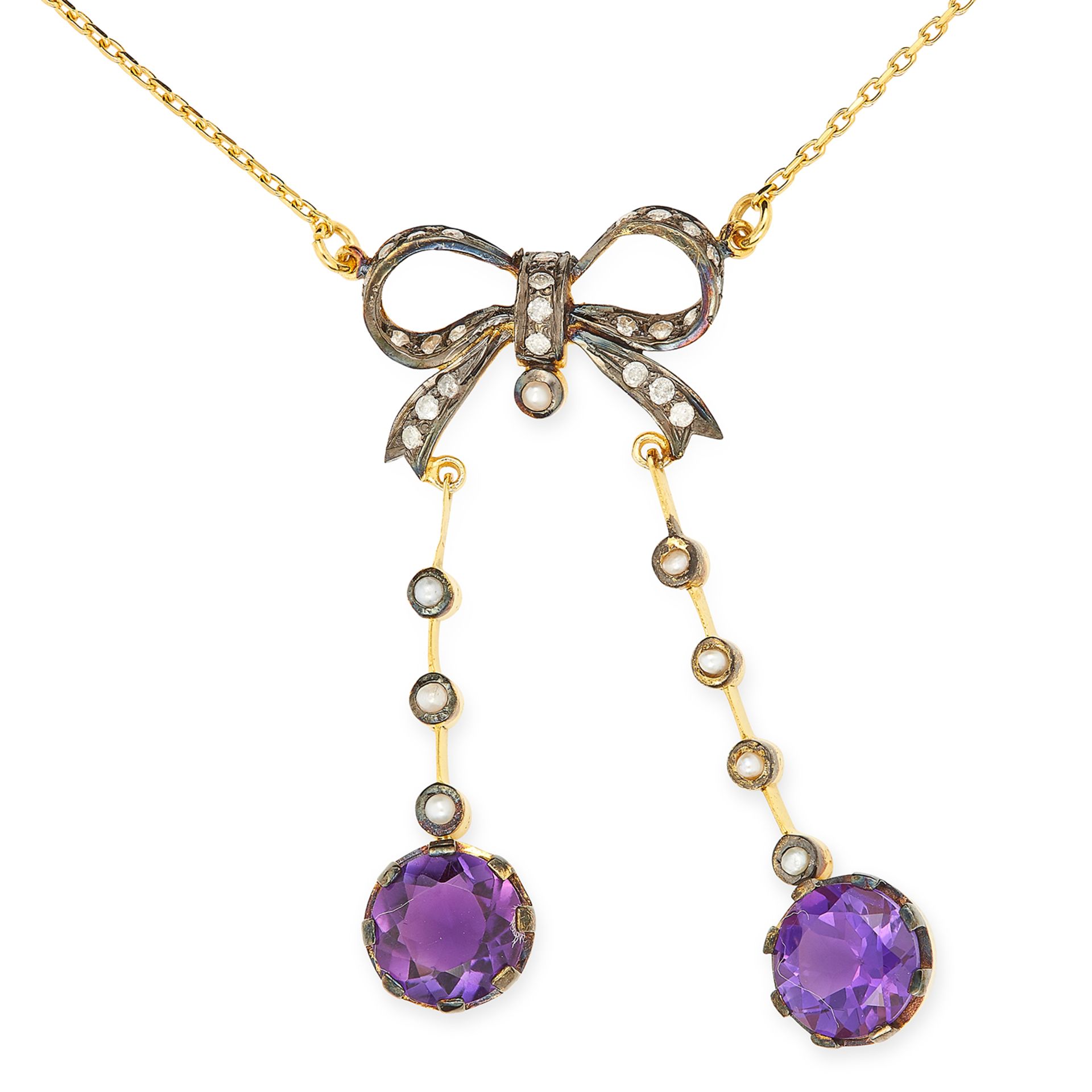 AMETHYST, PEARL AND DIAMOND PENDANT in silver gilt, in ribbon and bow motif set with round cut