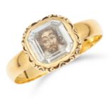 ANTIQUE STUART CRYSTAL MEMENTO PORTRAIT MINIATURE RING, 17TH CENTURY in yellow gold, set with a