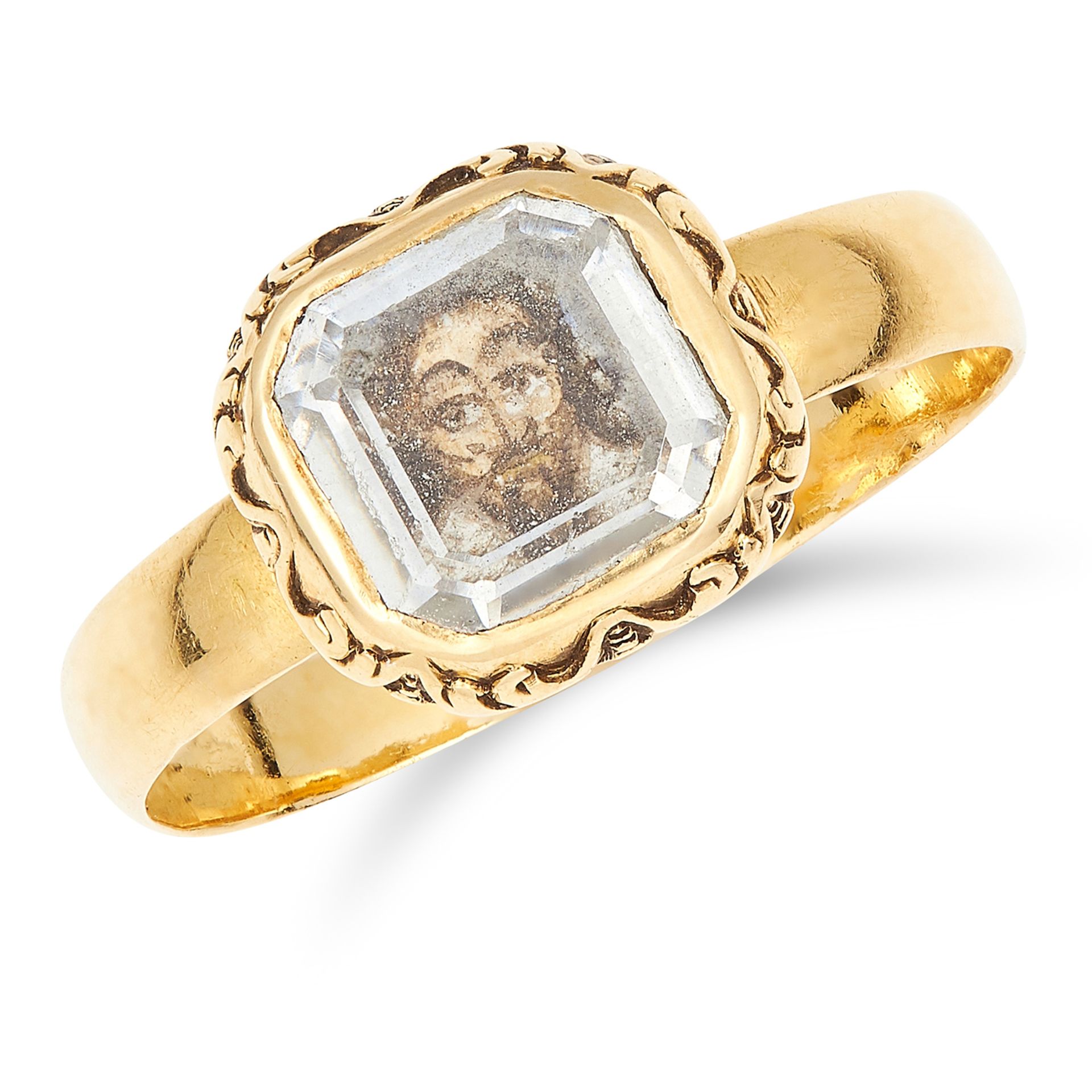 ANTIQUE STUART CRYSTAL MEMENTO PORTRAIT MINIATURE RING, 17TH CENTURY in yellow gold, set with a