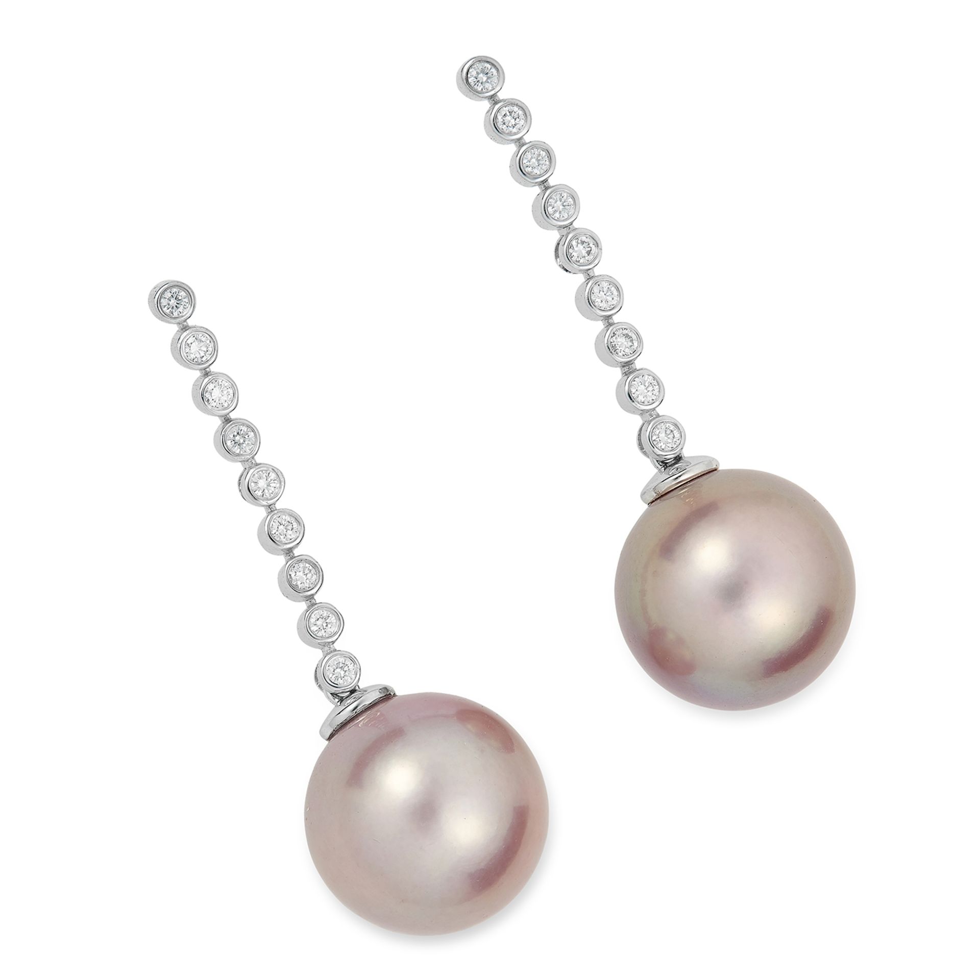 PEARL AND DIAMOND DROP EARRINGS in 18ct white gold, each comprising of a row of round cut diamonds