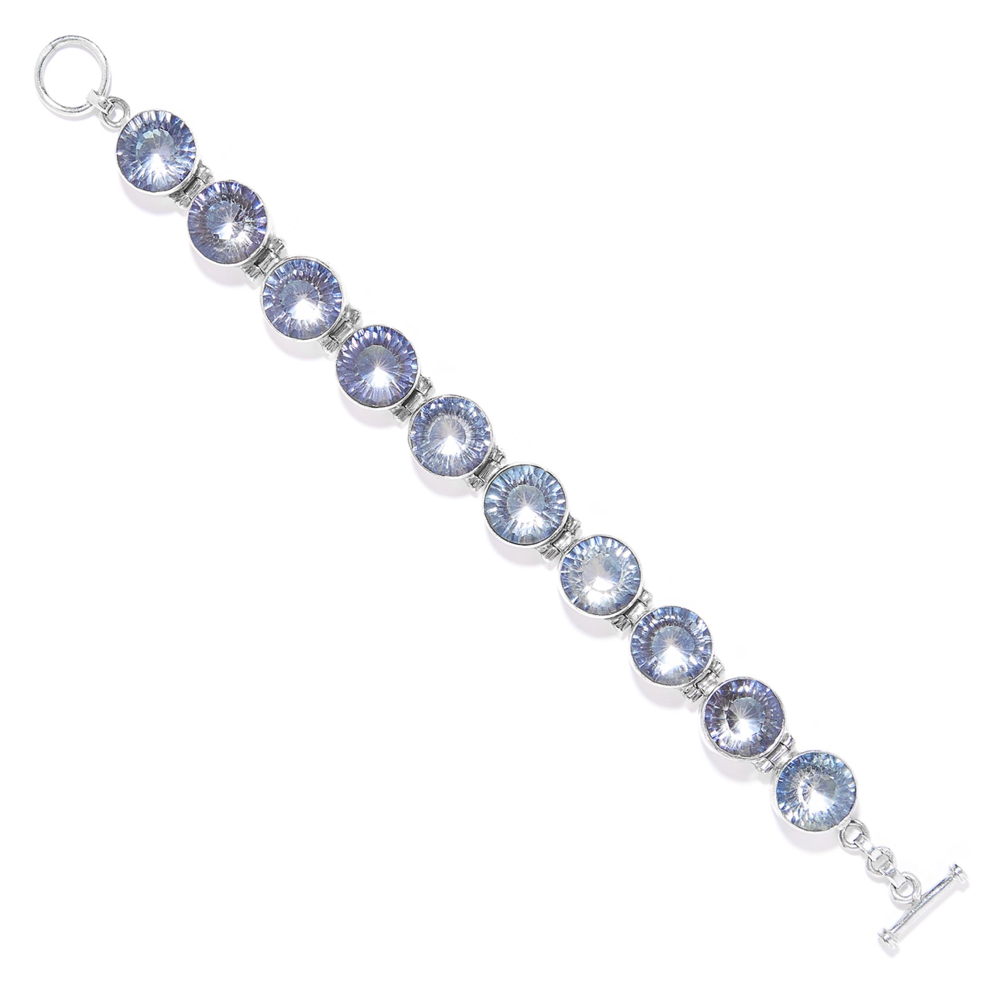 TOPAZ BRACELET AND EARRING SUITE in sterling silver, set with grey/blue faceted topaz, stamped