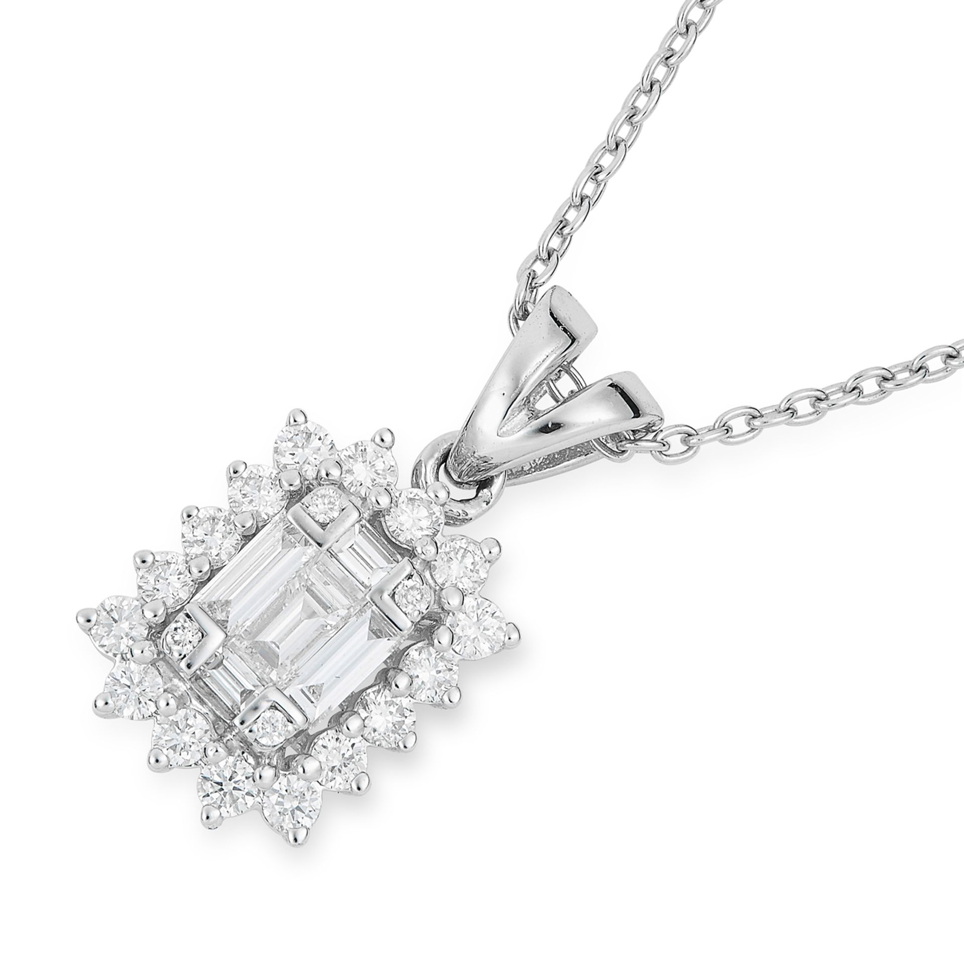 1.00 CARAT DIAMOND PENDANT in 18ct white gold, set with round and baguette cut diamonds totalling