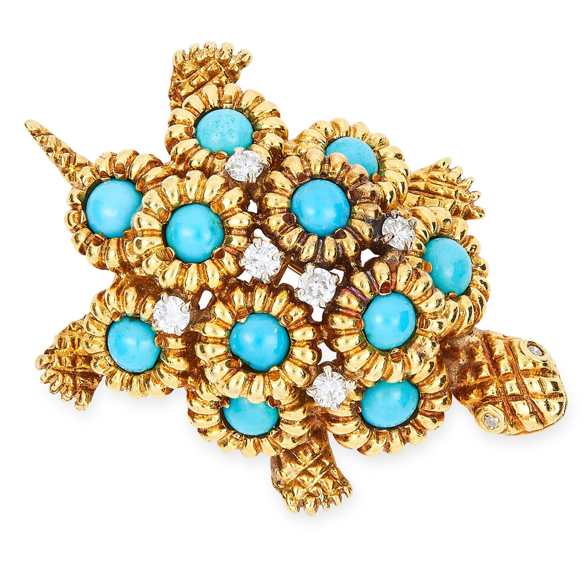 VINTAGE TURQUOISE AND DIAMOND TURTLE BROOCH in 18ct yellow gold, set with cabochon turquoise and