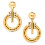 VINTAGE DROP EARRINGS in high carat yellow gold, each comprising of a bar suspending an open circle,