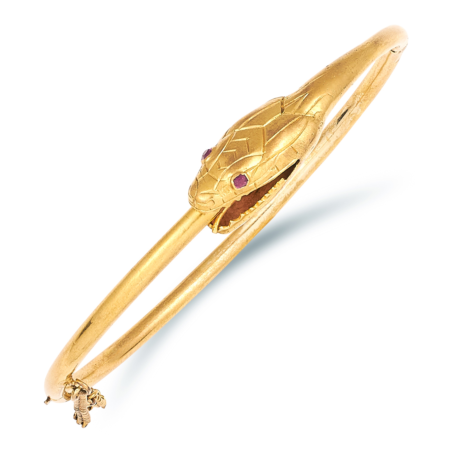 ANTIQUE VICTORIAN RUBY SNAKE BANGLE in high carat yellow gold, depicting a snake coiled around