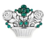 GREEN AGATE FLOWER BASKET BROOCH, GEORG JENSEN in sterling silver, set with cabochon green agate,