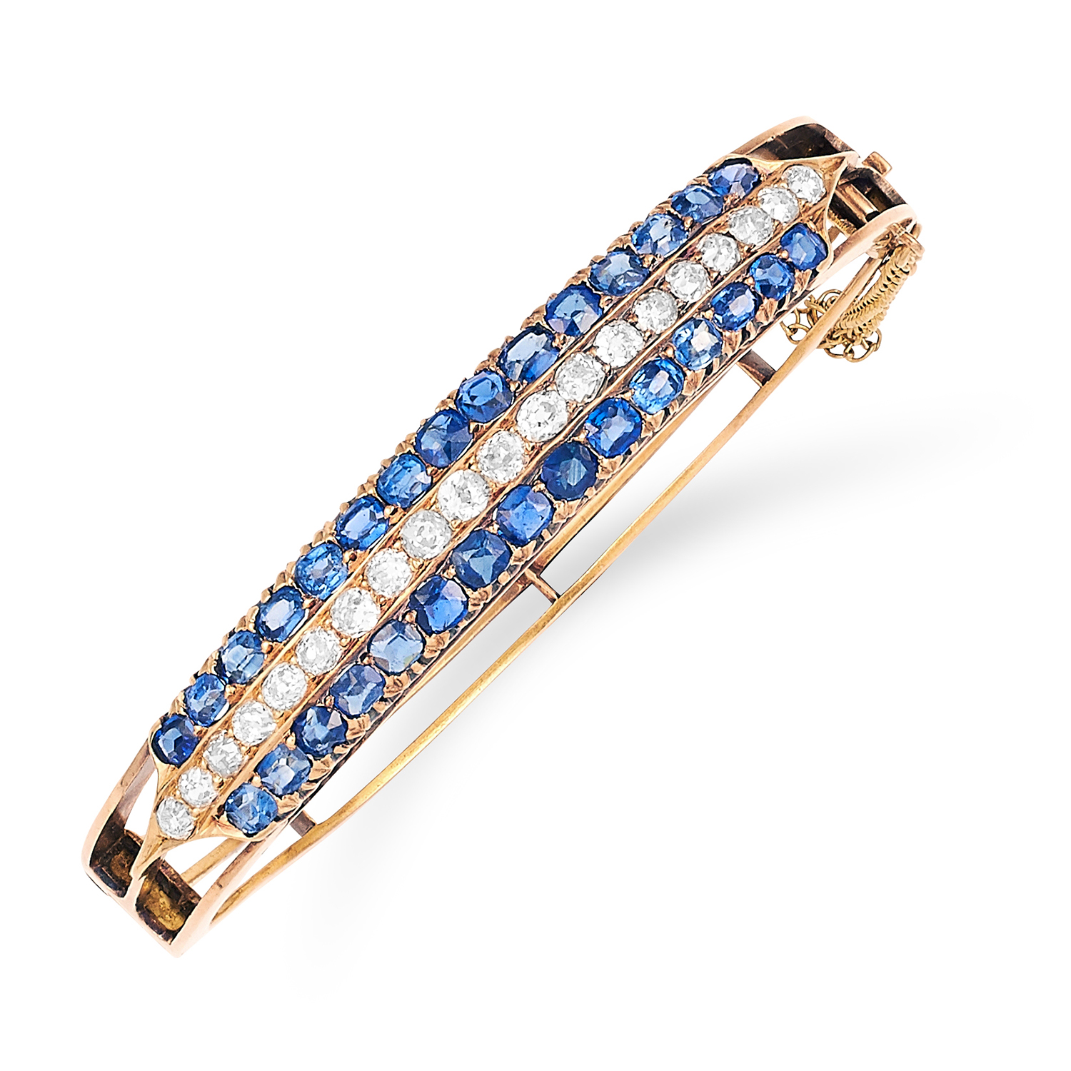 ANTIQUE VICTORIAN 3.20 CARAT SAPPHIRE AND DIAMOND BANGLE in yellow gold, set with cushion cut