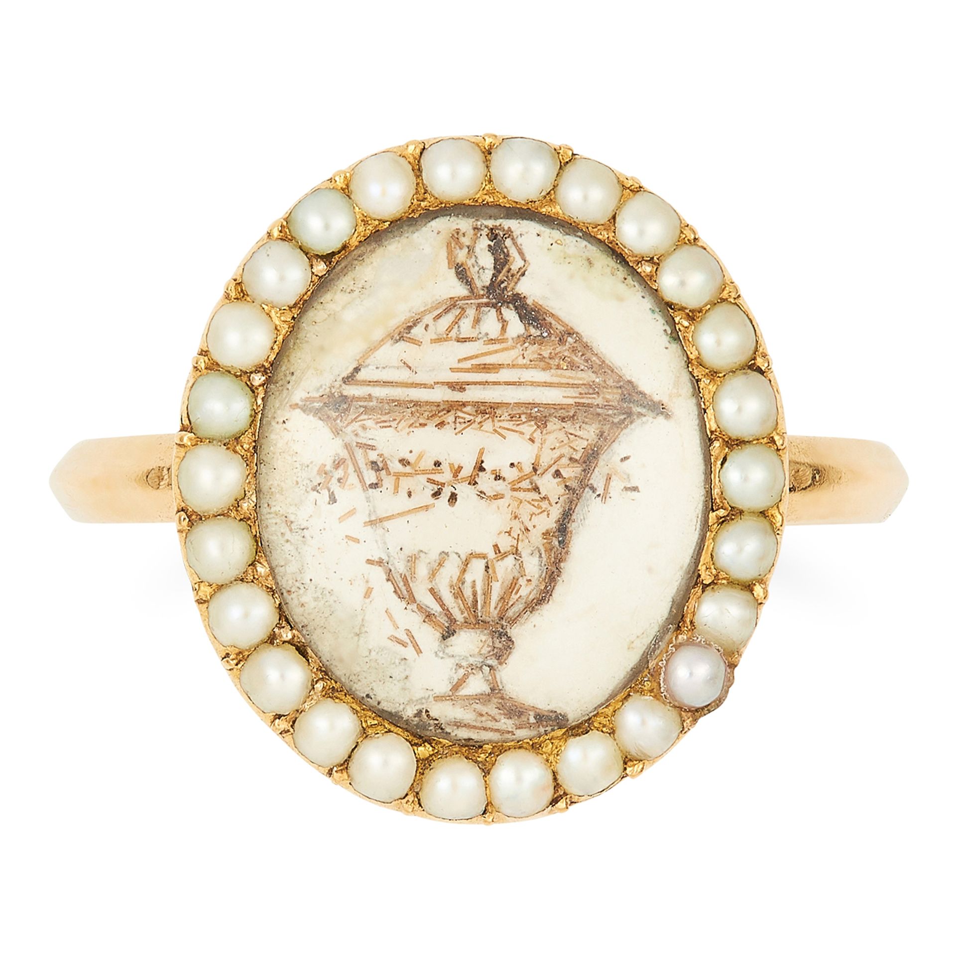 ANTIQUE GEORGIAN MINIATURE AND PEARL MOURNING RING, 18TH CENTURY in high carat yellow gold,