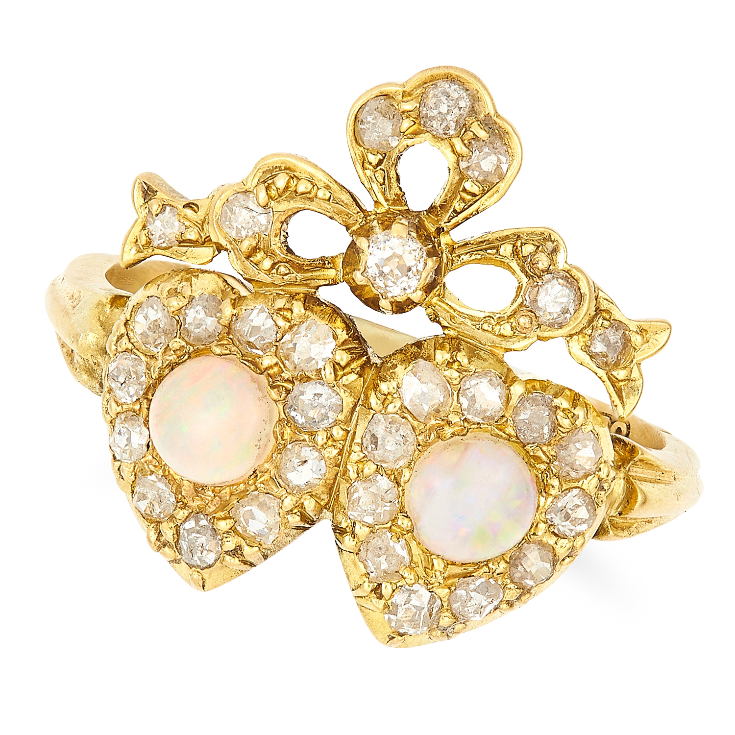 OPAL AND DIAMOND SWEETHEART RING in 18ct yellow gold, set with cabochon opals and old cut