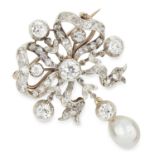 ANTIQUE NATURAL SALTWATER PEARL AND DIAMOND BOW BROOCH in yellow gold, set with old and round cut