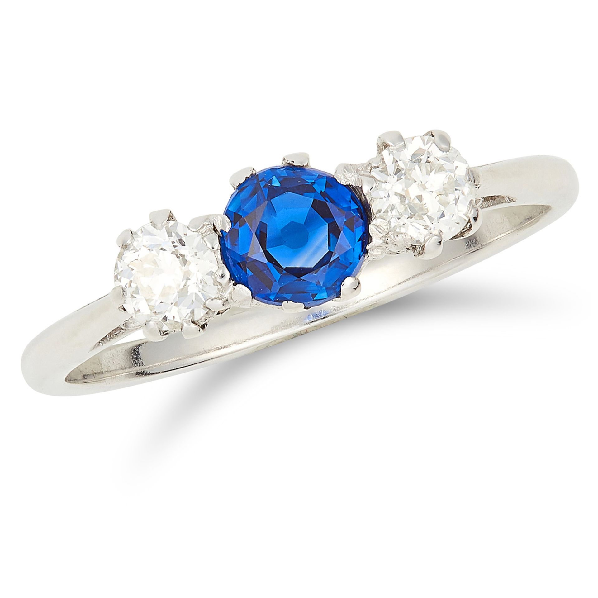0.59 CARAT SAPPHIRE AND DIAMOND THREE STONE RING in white gold or platinum, comprising of a round