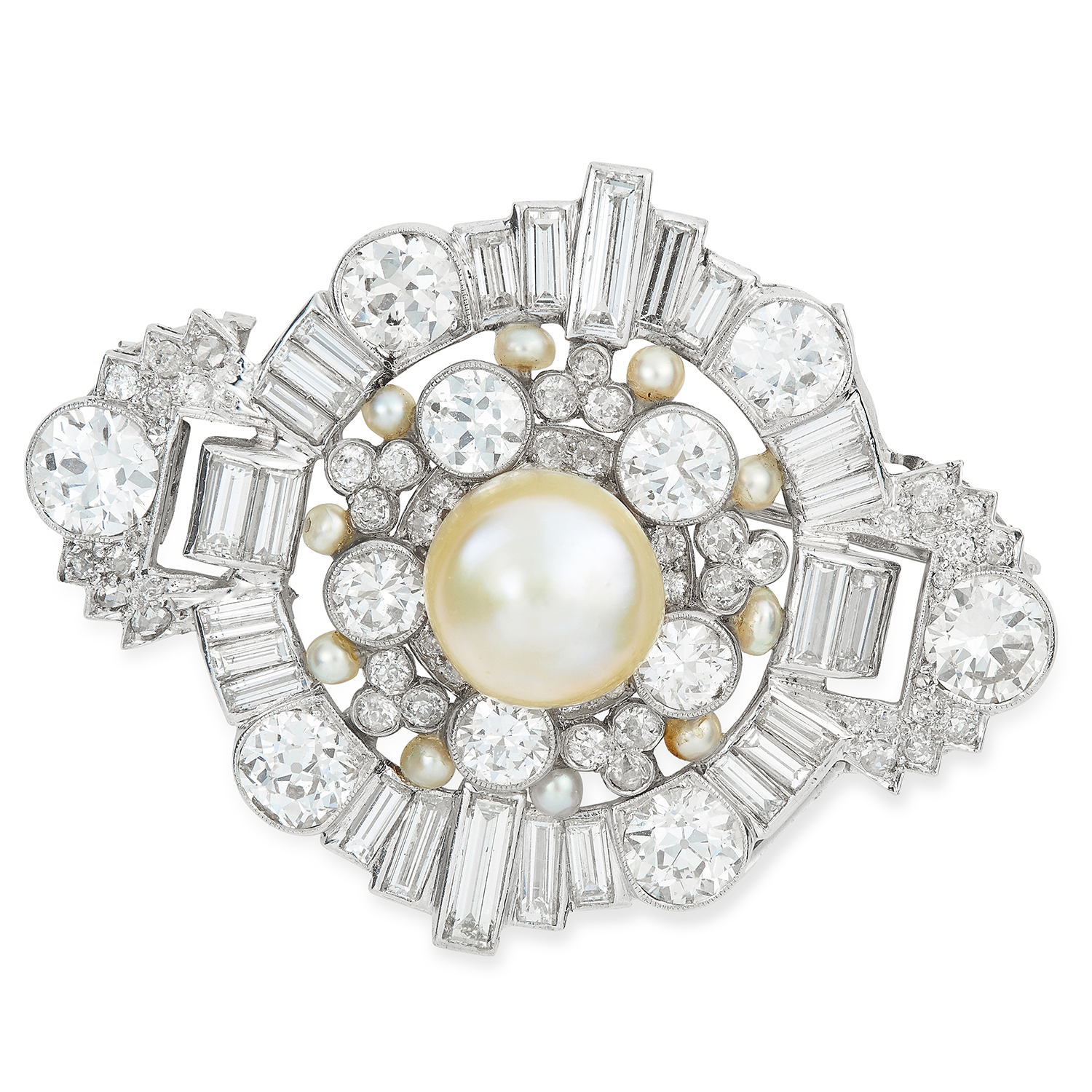 11.00 CARAT DIAMOND AND NATURAL SALTWATER PEARL BROOCH in 18ct white gold or platinum, in Art Deco