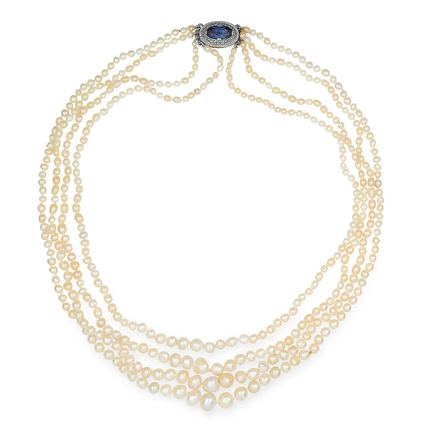 ANTIQUE NATURAL PEARL FOUR STRAND NECKLACE in white gold or platinum, set with an oval cut sapphires