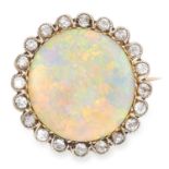 OPAL AND DIAMOND BROOCH in high carat yellow gold, set with a cabochon opal and old cut diamonds,