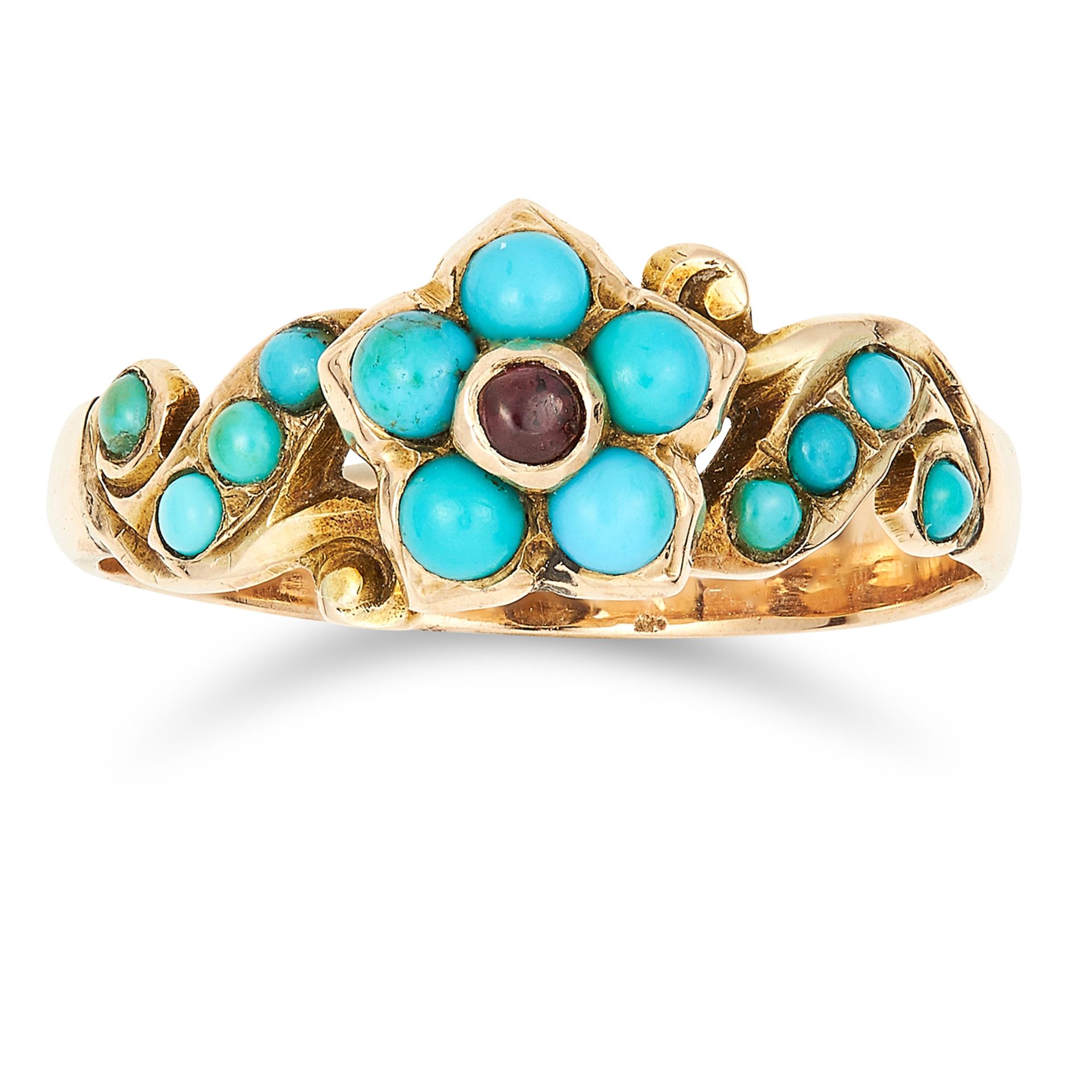 ANTIQUE VICTORIAN TURQUOISE AND GARNET RING in high carat yellow gold, set with cabochon turquoise