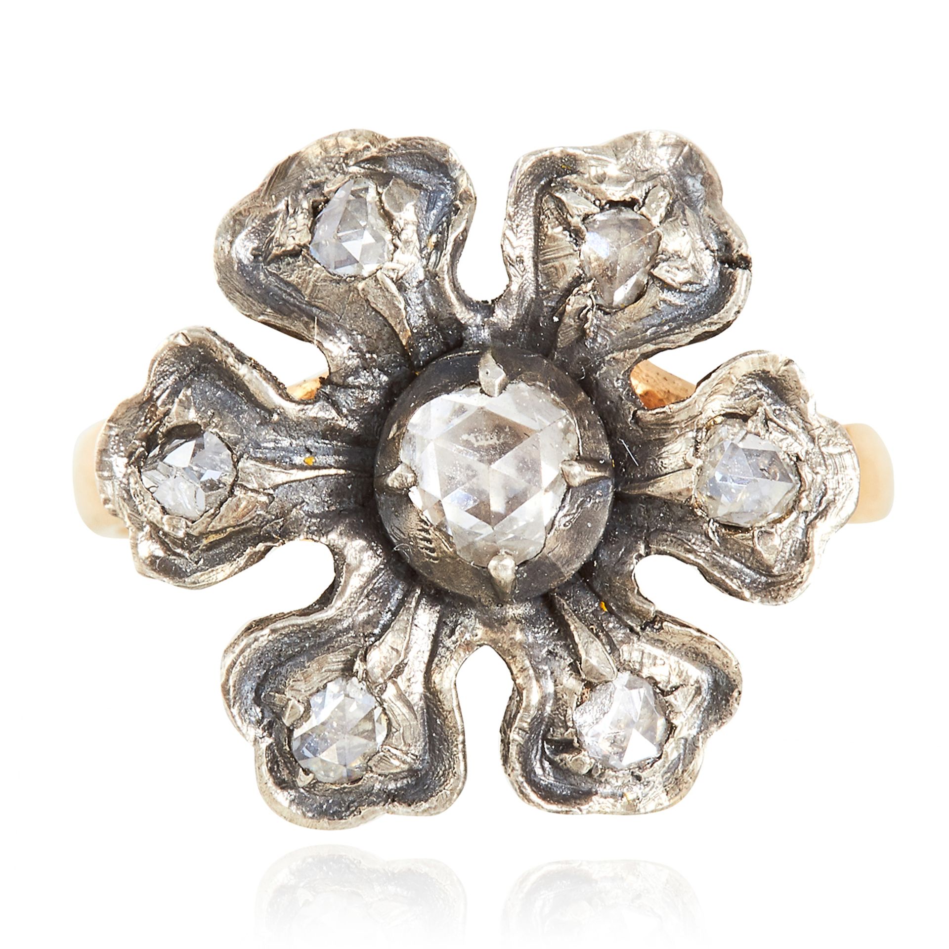 A DIAMOND RING in yellow gold, depicting a flower set with rose cut diamonds, unmarked, 4.52g.