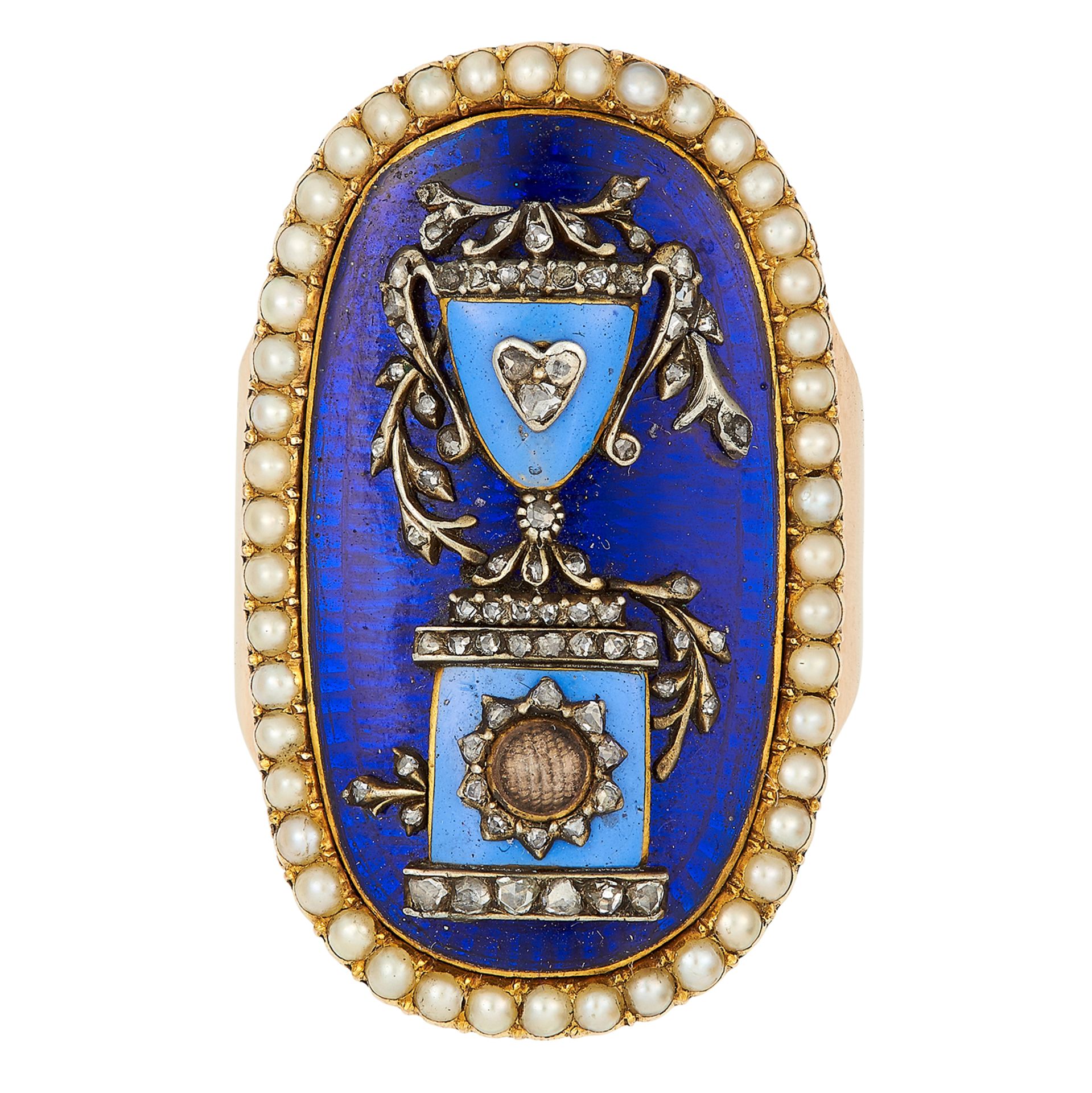 ANTIQUE ENAMEL, DIAMOND AND PEARL HAIRWORK MOURNING RING in yellow gold, set with blue enamel,