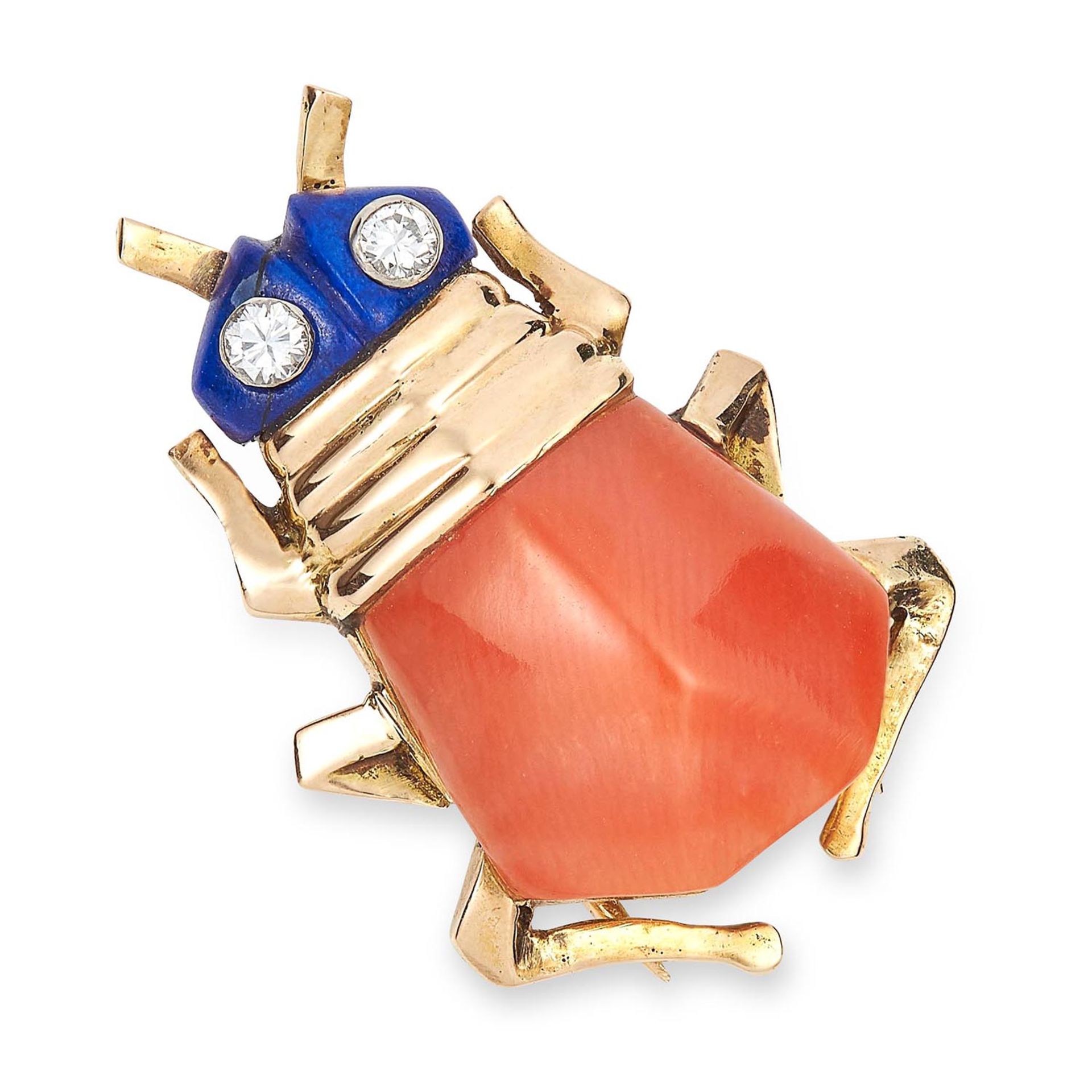 CORAL, LAPIS LAZULI AND DIAMOND BUG PIN, CARTIER in 18ct yellow gold, set with polished coral, lapis