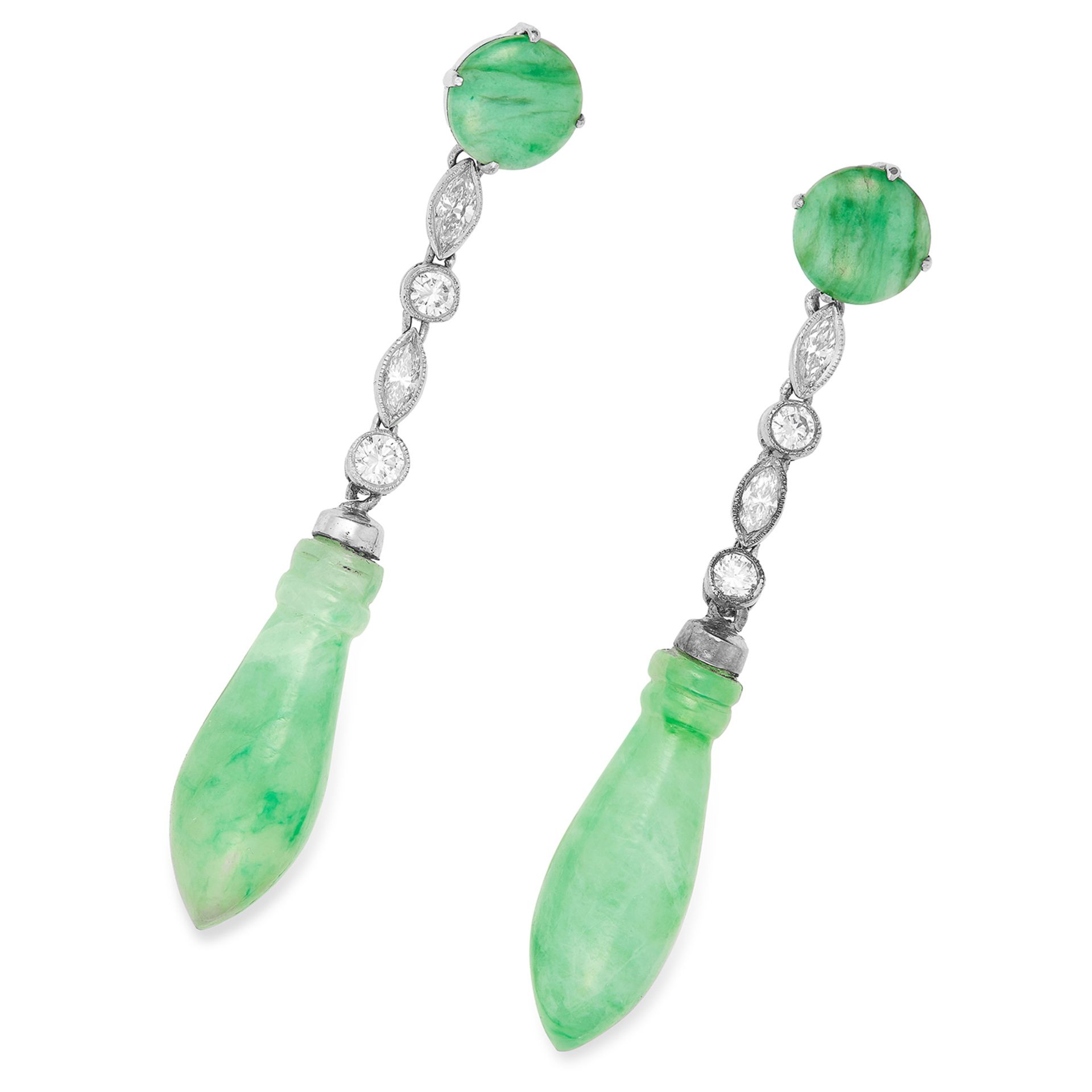 JADEITE JADE AND DIAMOND EARRINGS in 18ct white or platinum, each set with polished jadeite jade and