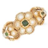 ANTIQUE VICTORIAN PEARL AND EMERALD RING in high carat yellow gold, set with seed pearls and cushion