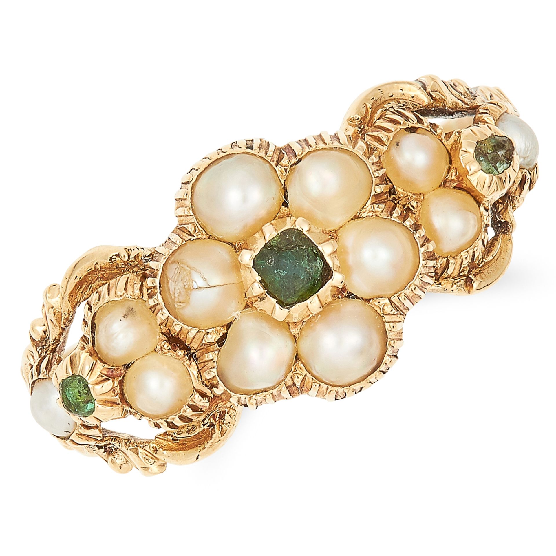 ANTIQUE VICTORIAN PEARL AND EMERALD RING in high carat yellow gold, set with seed pearls and cushion