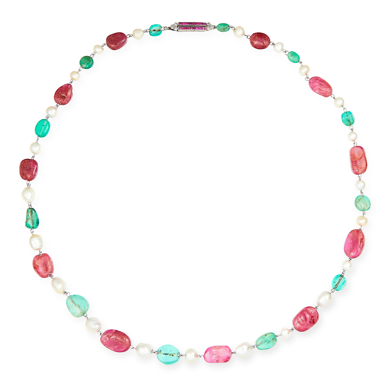 BURMA RUBY, COLOMBIAN EMERALD AND NATURAL SALTWATER PEARL NECKLACE in white gold or platinum,
