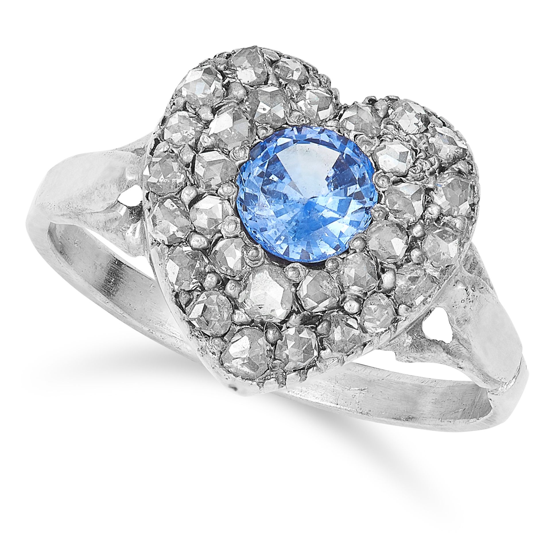 0.60 CARAT SAPPHIRE AND DIAMOND RING in white gold or platinum, depicting a heart set with a round