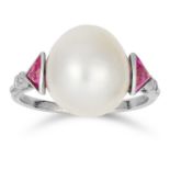 NATURAL SALTWATER PEARL, RUBY AND DIAMOND RING in 18ct white gold or platinum, comprising of a