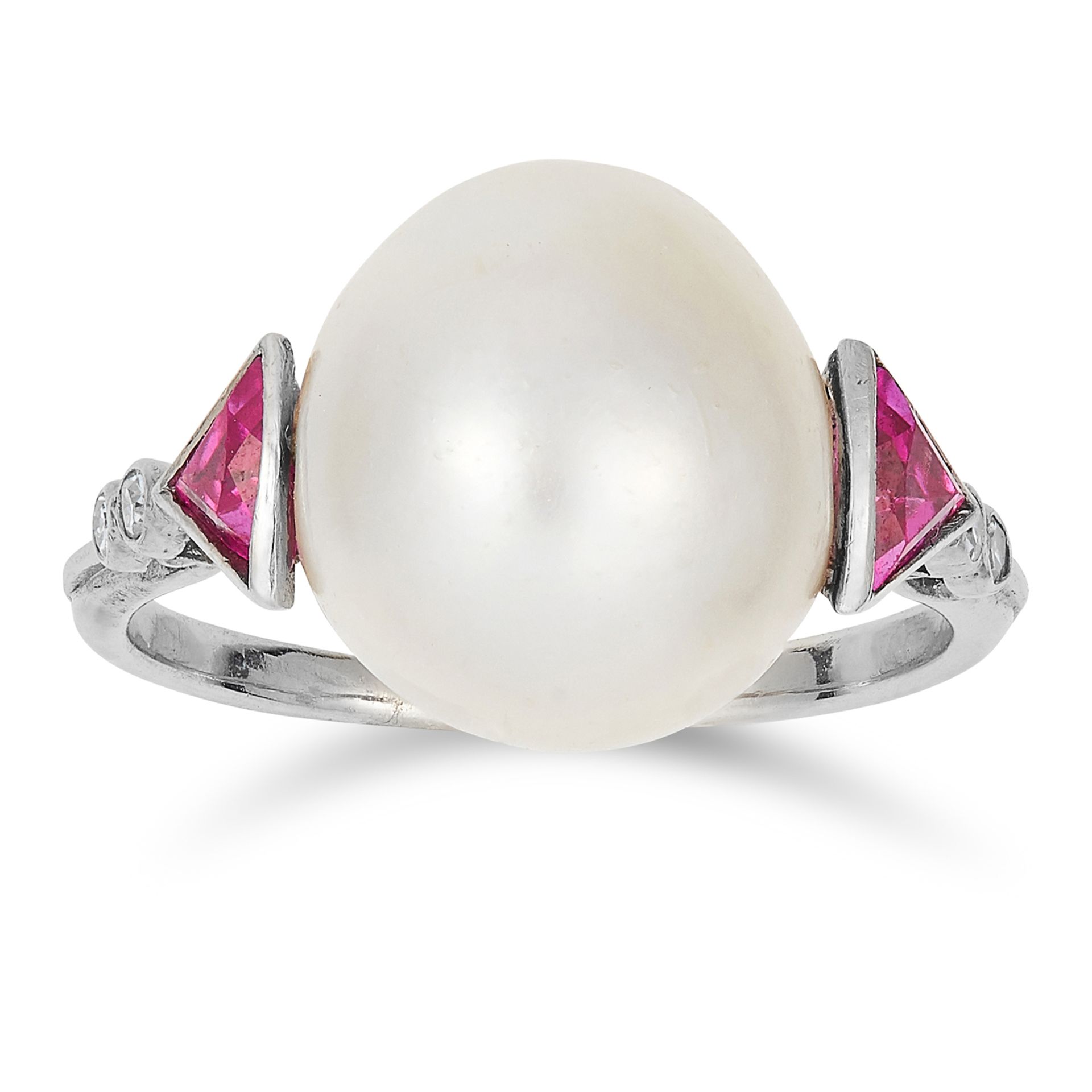 NATURAL SALTWATER PEARL, RUBY AND DIAMOND RING in 18ct white gold or platinum, comprising of a