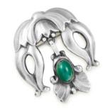 GREEN AGATE ARTICULATED FLOWER BROOCH, GEORG JENSEN in silver, set with a cabochon green agate,