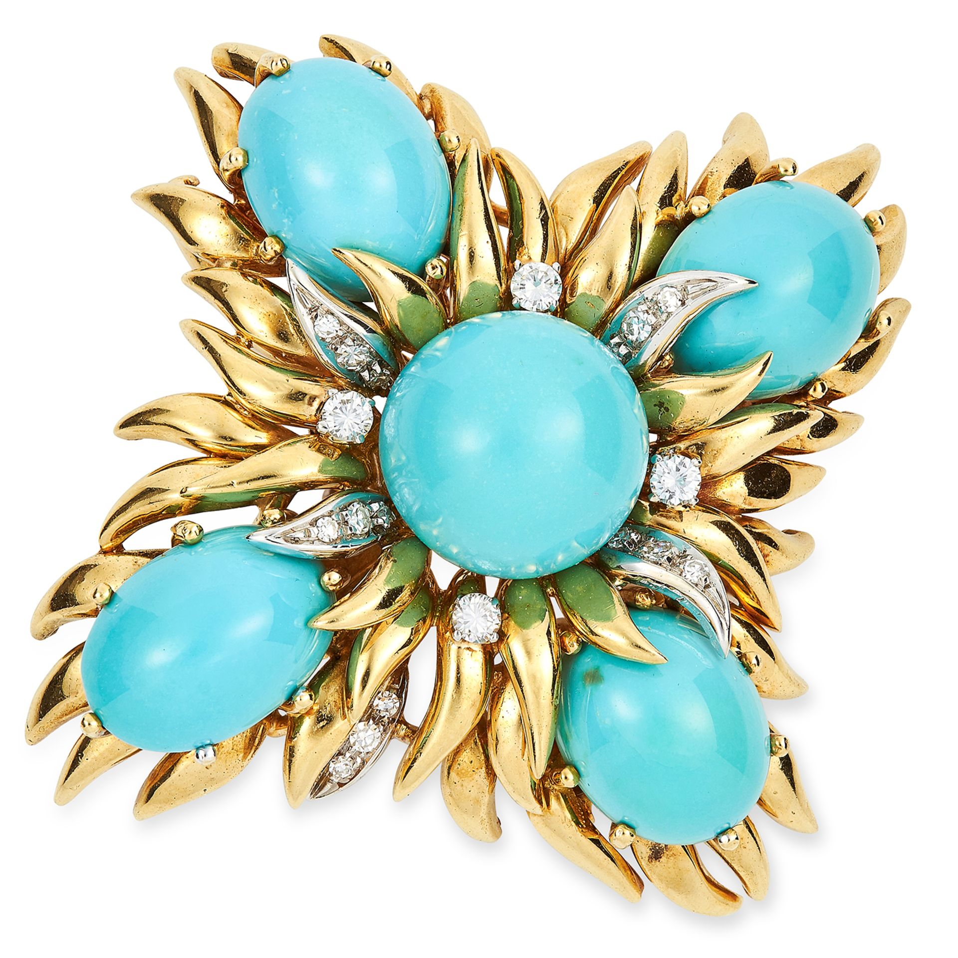 VINTAGE TURQUOISE AND DIAMOND BROOCH / PENDANT in 18ct yellow gold, set with cabochon turquoise