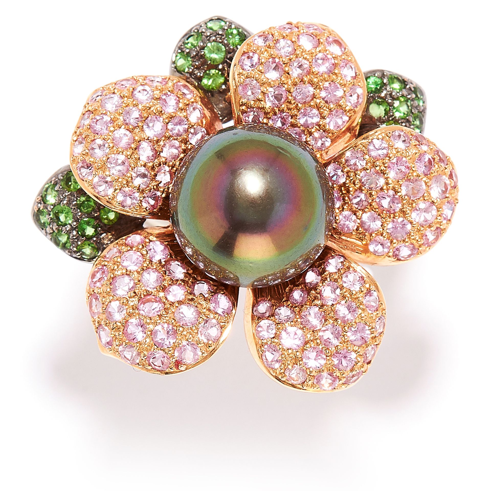 PEARL, PINK SAPPHIRE, DEMANTOID GARNET AND DIAMOND FLOWER RING in 18ct white gold, in the style of