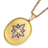 ANTIQUE VICTORIAN PEARL, DIAMOND AND ENAMEL LOCKET in high carat yellow gold, set with a round cut