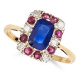 SAPPHIRE, RUBY AND DIAMOND CLUSTER RING in yellow gold, set with an oval cushion cut sapphire in a