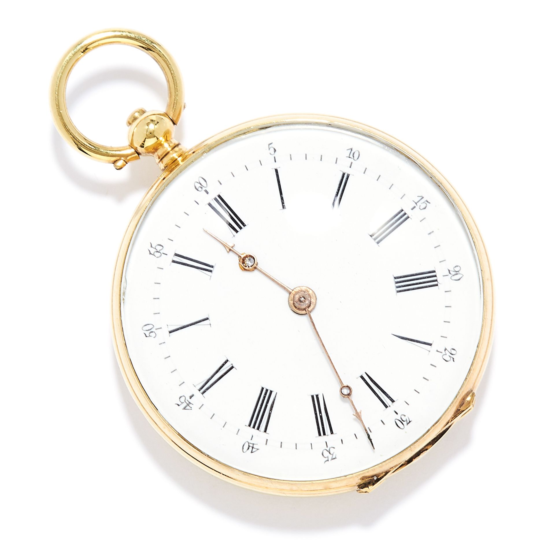 LADIES POCKET WATCH in yellow gold, set with a white dial, with engraved detail to back, unmarked,