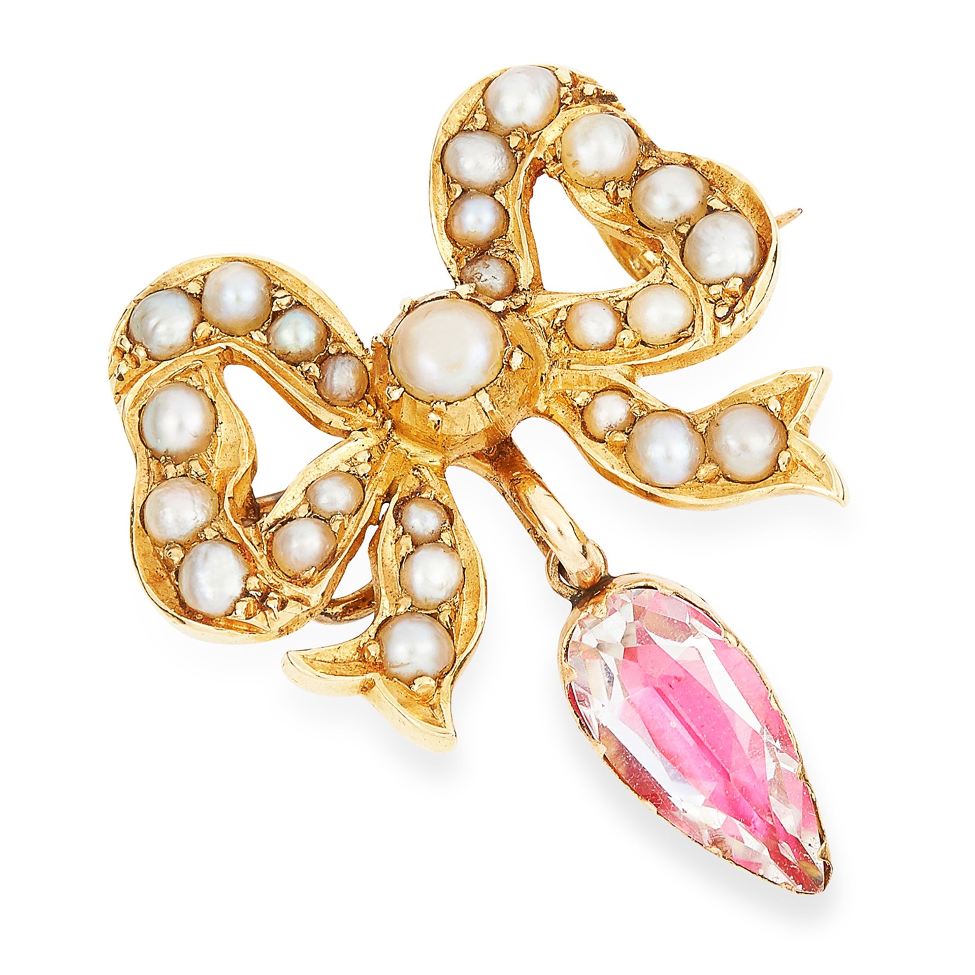 ANTIQUE PINK TOPAZ AND SEED PEARL BOW BROOCH in high carat yellow gold, set with seed pearls and