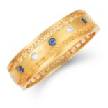 ANTIQUE VICTORIAN SAPPHIRE AND DIAMOND BANGLE in high carat yellow gold, in Etruscan revival form