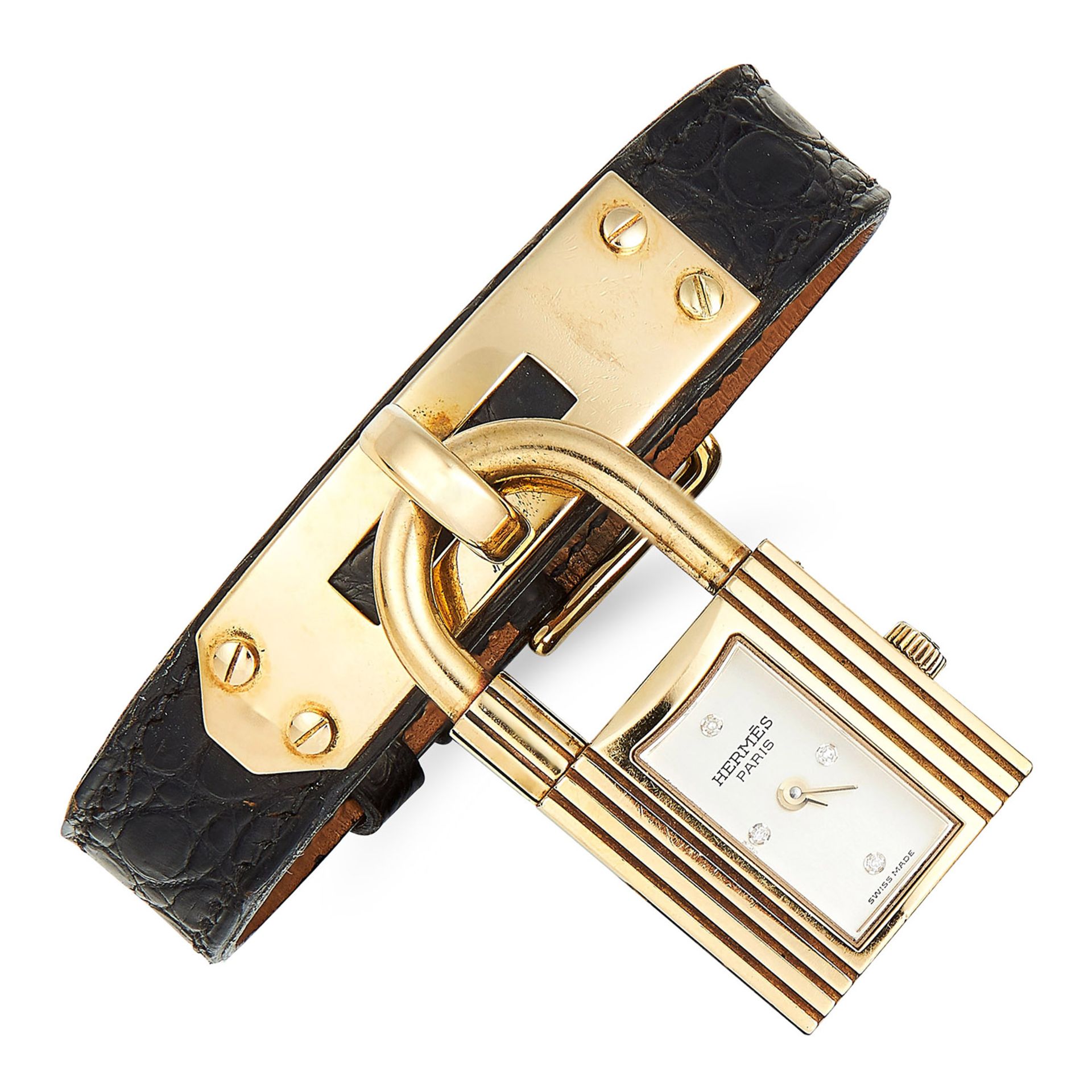 KELLY BAG DIAMOND AND LEATHER PADLOCK WATCH, HERMES in 18ct yellow gold, designed as a padlock