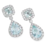 AQUAMARINE AND DIAMOND DROP EARRINGS in 18ct white gold, each set with a square and pear cut