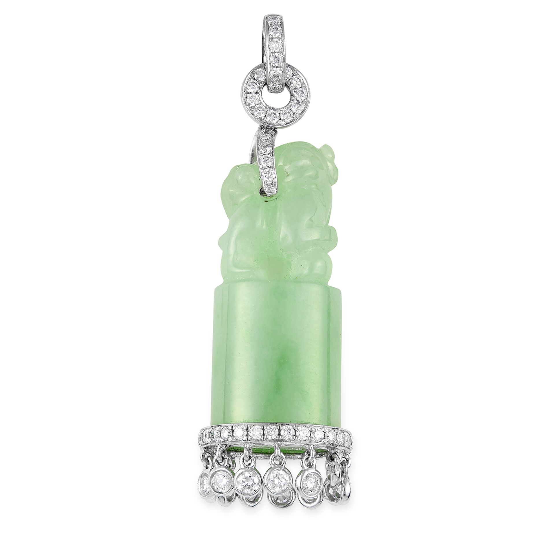 JADEITE JADE AND DIAMOND PENDANT in platinum, in Art Deco design comprising of a piece of carved