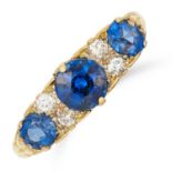 ANTIQUE 1.51 CARAT SAPPHIRE AND DIAMOND RING in 18ct yellow gold, set with three round cut sapphires