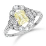 ART DECO FANCY YELLOW DIAMOND RING, set with an emerald cut natural fancy yellow diamond M / 6, 3.