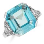 8.35 BLUE ZIRCON AND DIAMOND RING set with an emerald cut blue zircon of 8.35 carats and round and